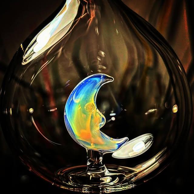 Iridescent silver-fumed glass crescent moon sealed inside a clear globe on a dark field
