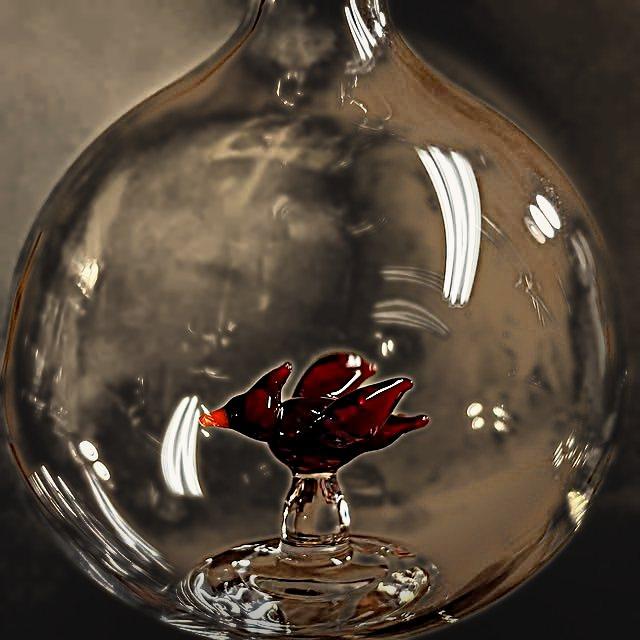 Clear hanging glass orb with a small amber bird in flight inside
